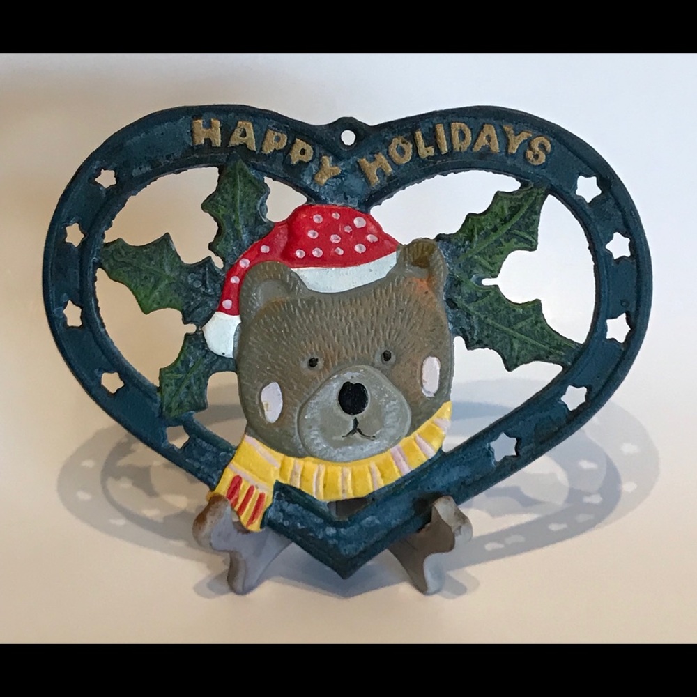 Vintage Heart Shaped Cast Iron Trivet/Hot Plate~Happy Holidays~Teddy Bear